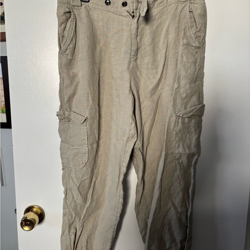100 % Linen Rachel Roy Casual Light Olive Cargo Pants Women's Size L